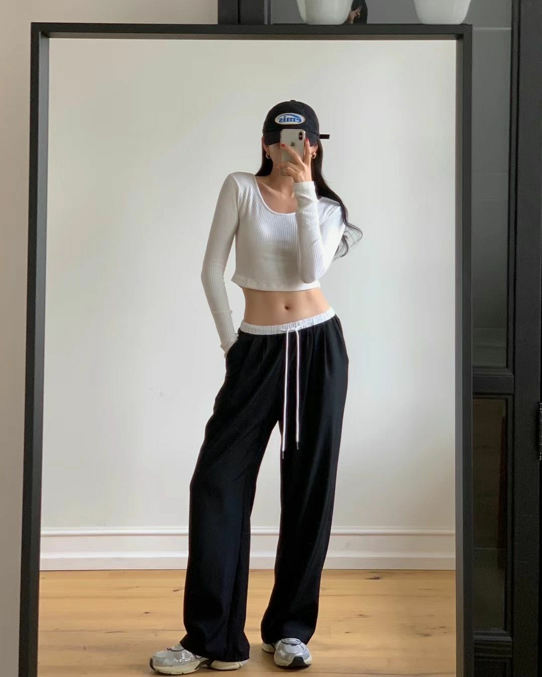 綁繩拼白邊直腳西褲(黑色)