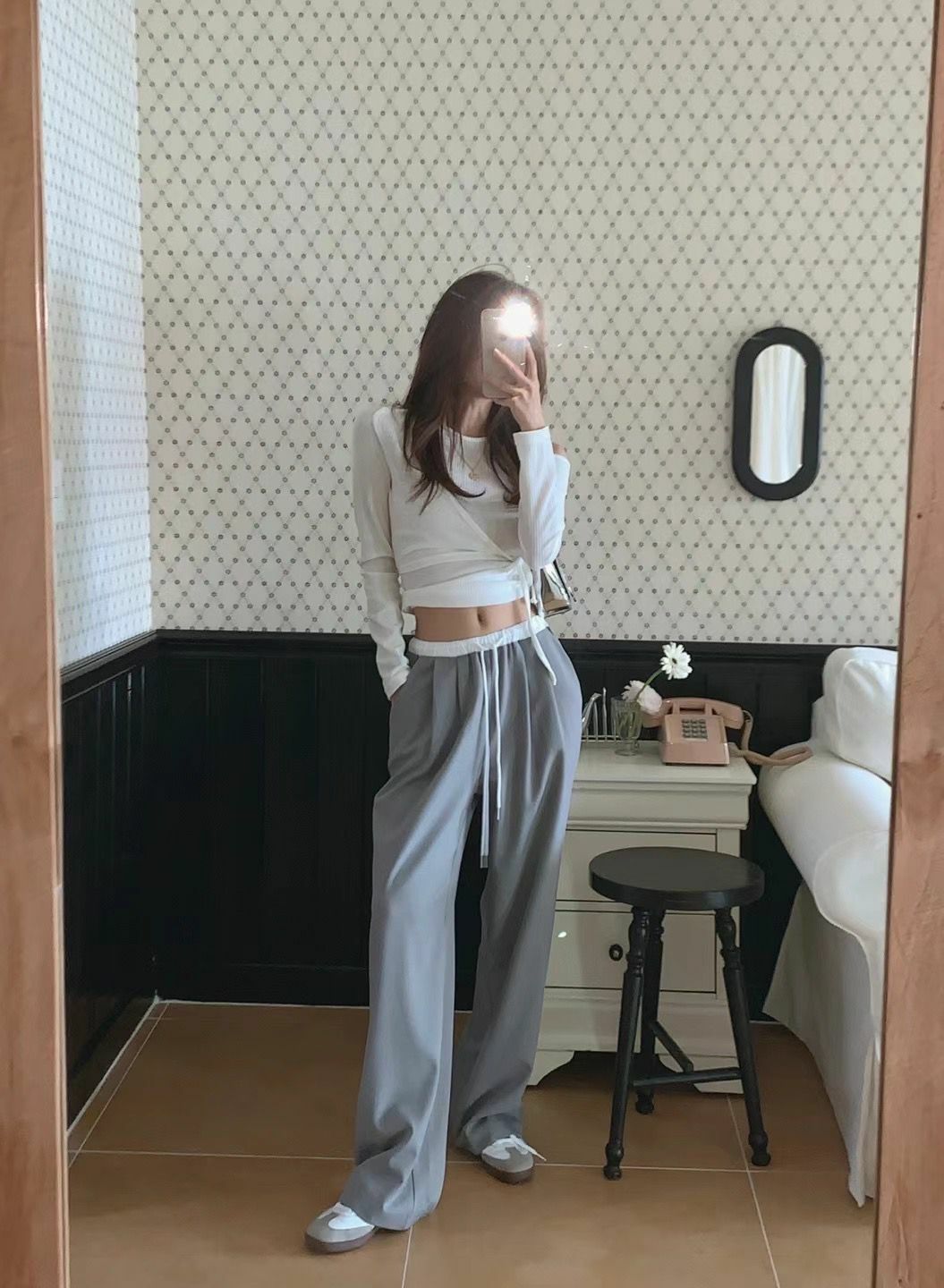 綁繩拼白邊直腳西褲(灰色)