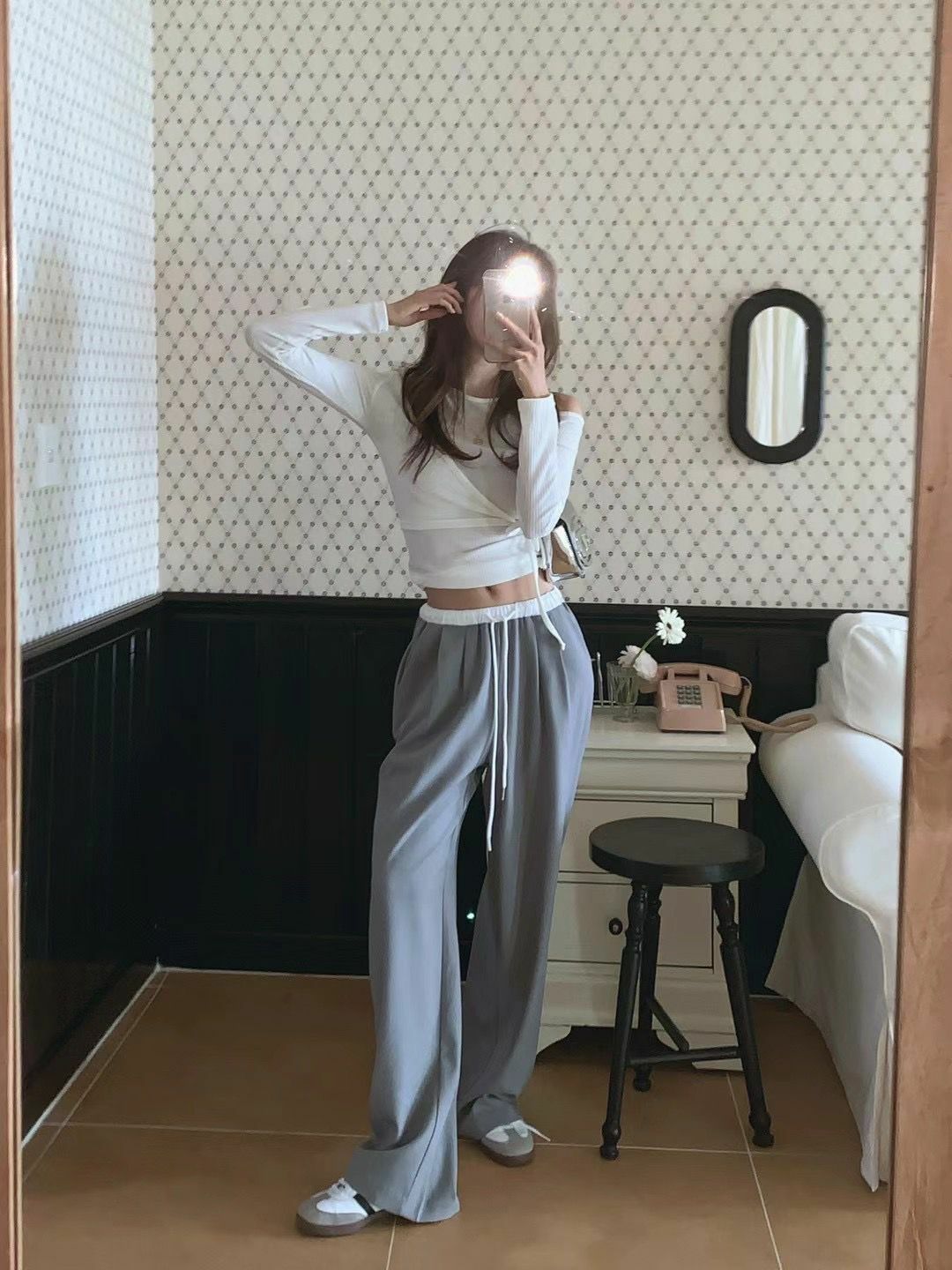 綁繩拼白邊直腳西褲(灰色)