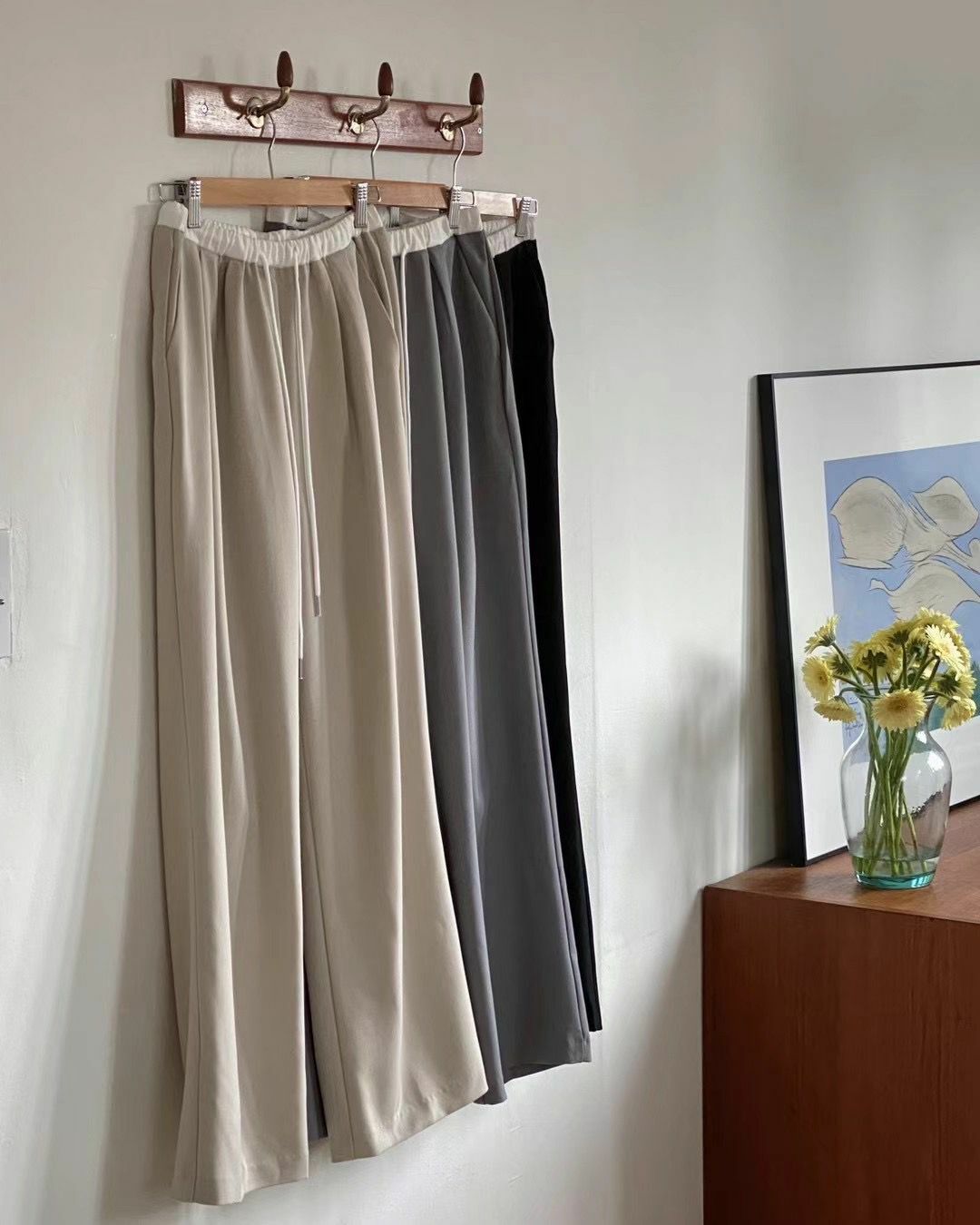 綁繩拼白邊直腳西褲(杏色)