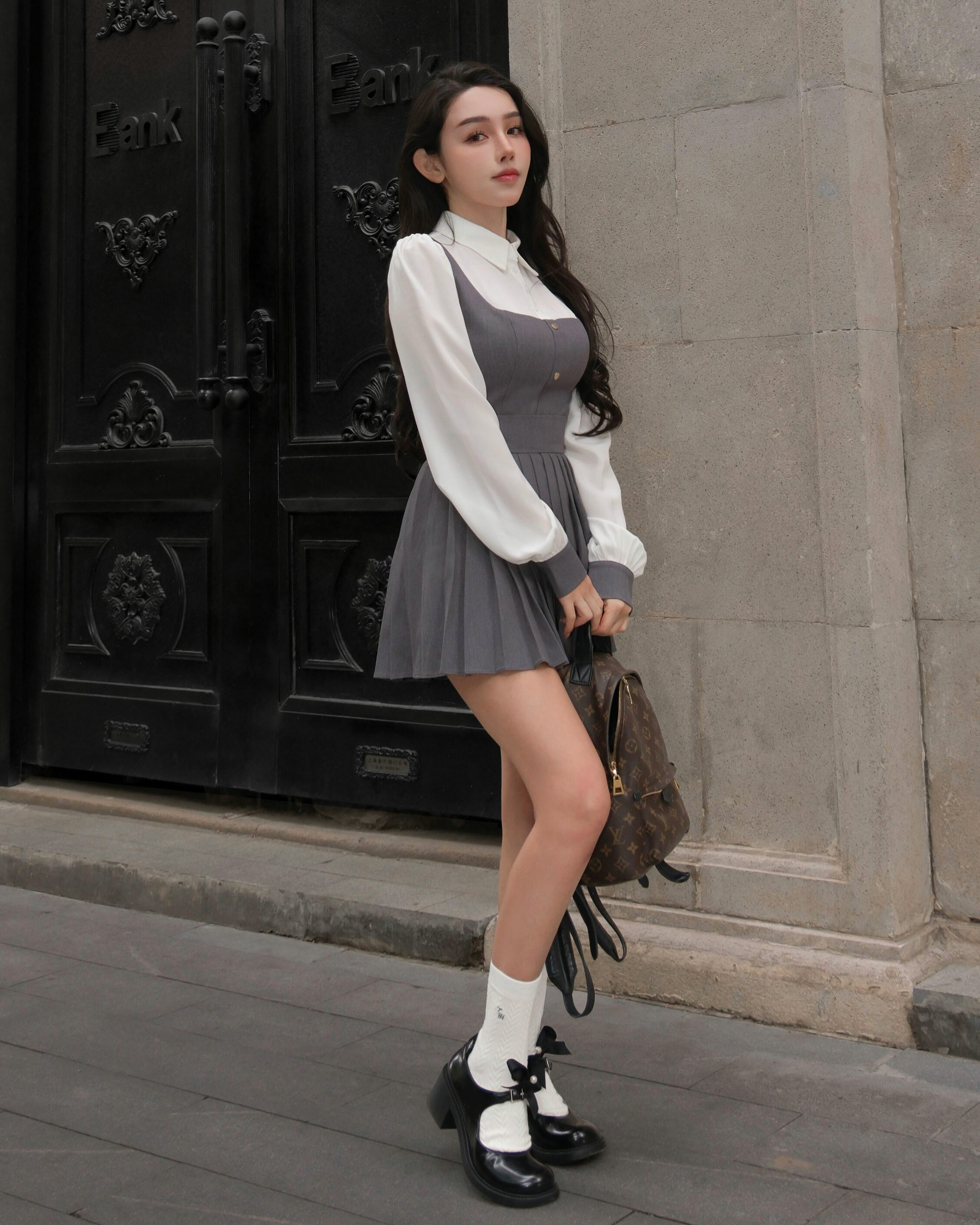 訂製-假兩件方領襯衫百褶套裝