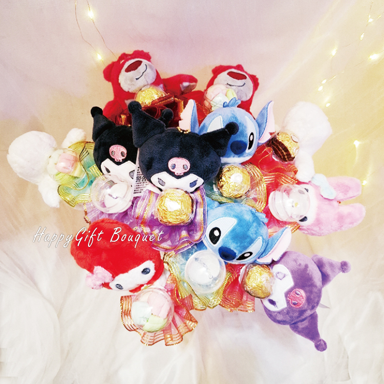 娃娃玩偶單支巧克力棉花糖花束,史迪奇,美樂蒂,草莓熊,嚕嚕咪,史迪奇,庫洛米單支巧克力棉花糖花束