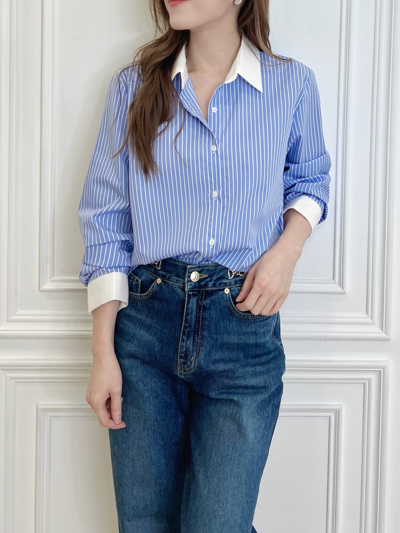 (經典必備)撞色領線條襯衫