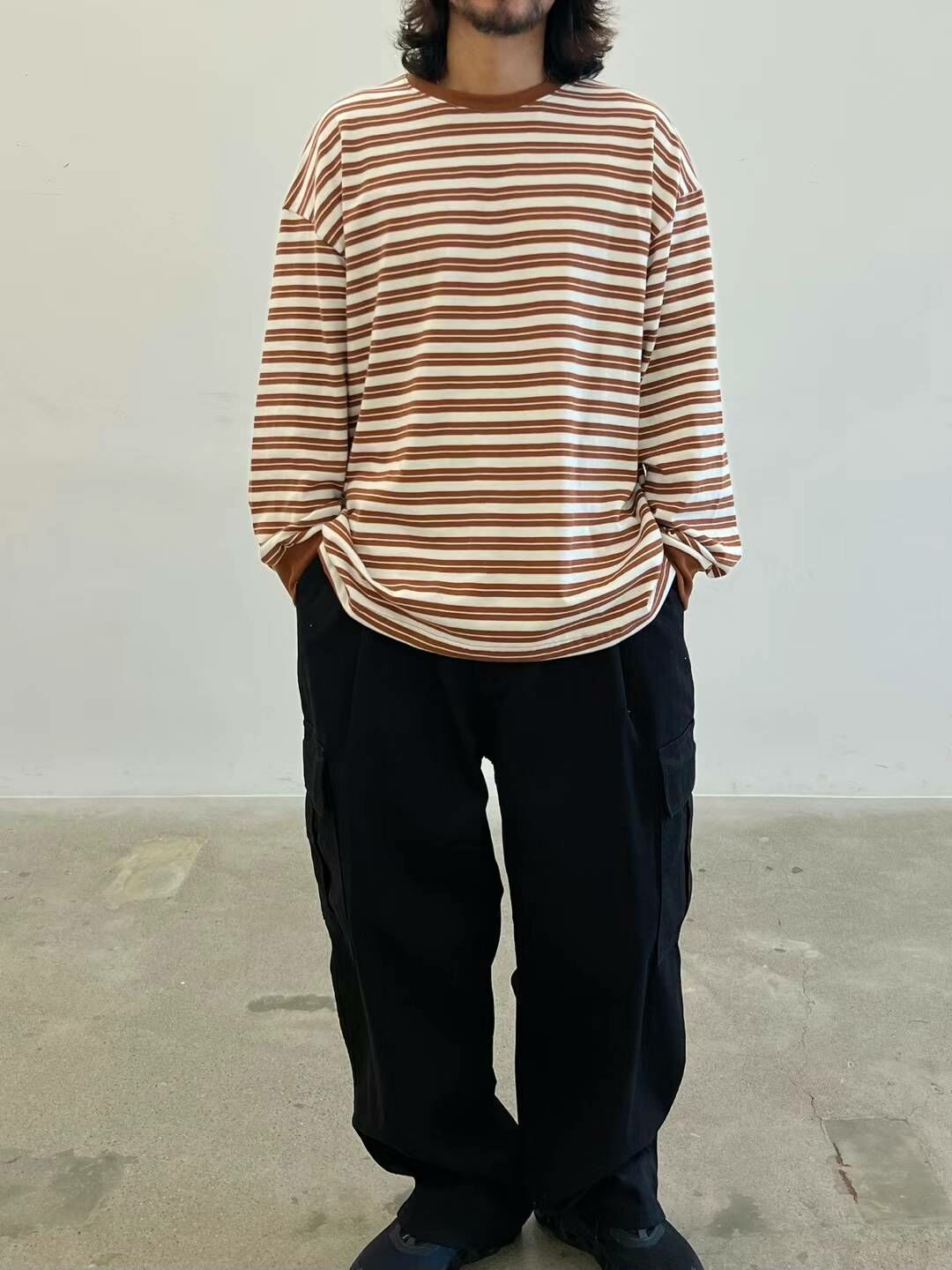 條紋落肩 長袖T  2color