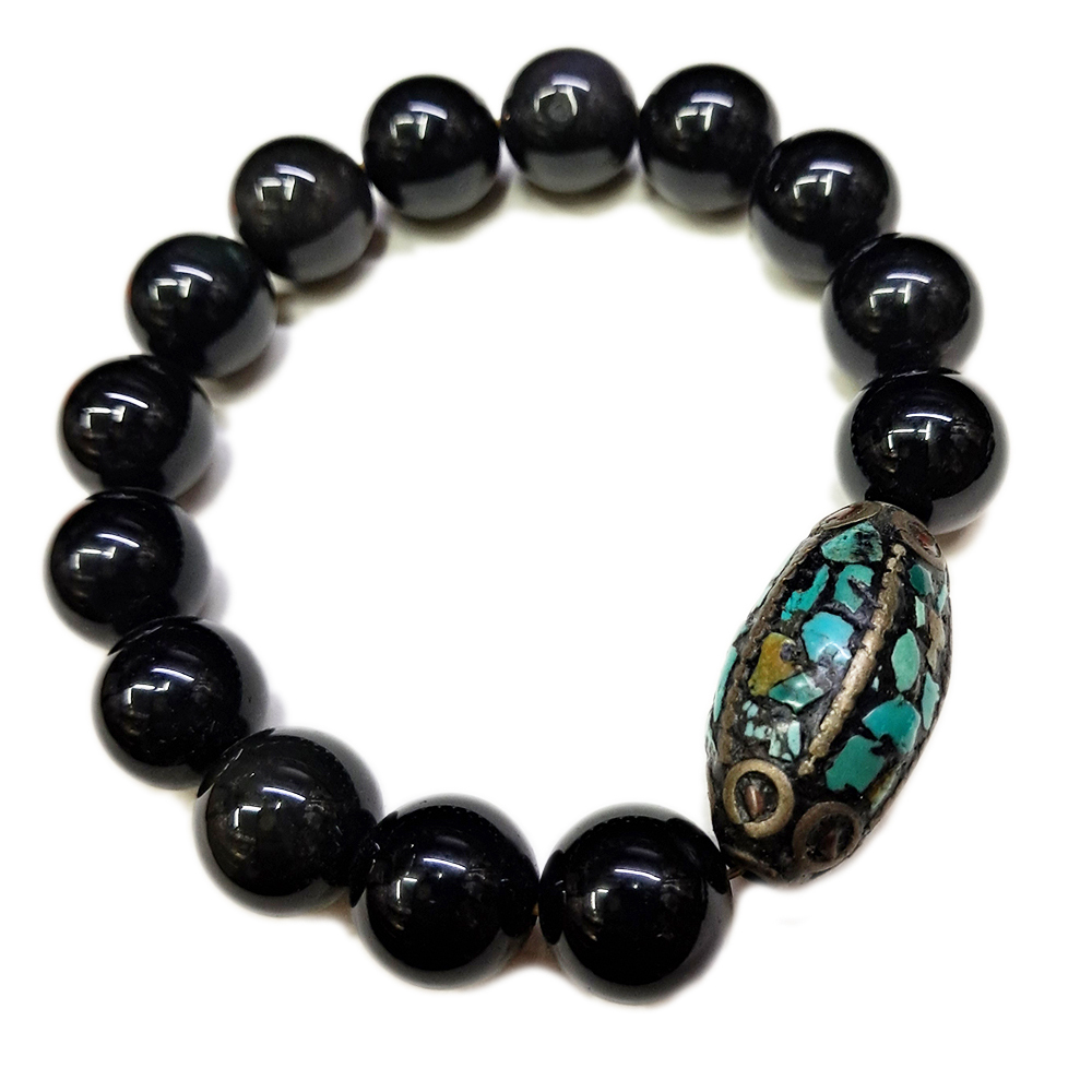 綠松石手工珠+黑曜岩手珠12mm【十方】133256