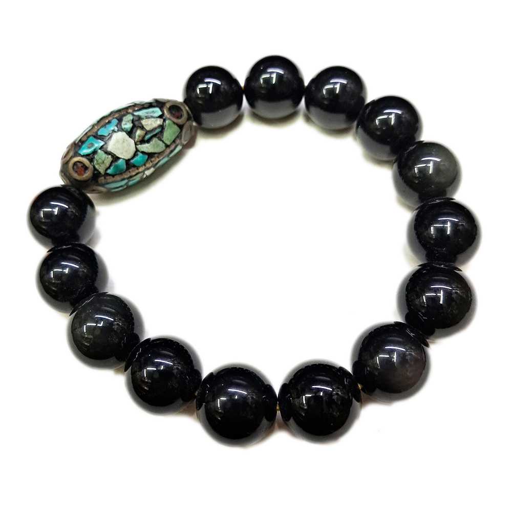 綠松石手工珠+黑曜岩手珠12mm【十方】133256
