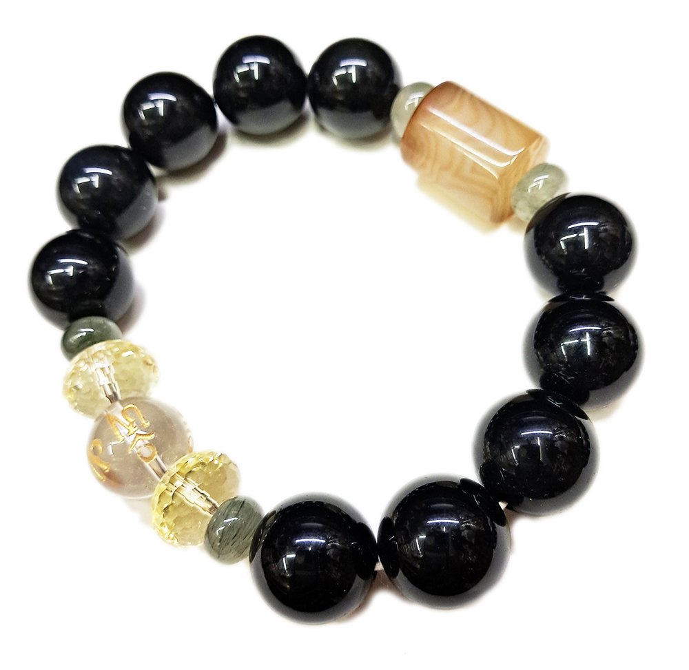 六字真言{水晶}+黑曜岩手珠16mm【十方】150350