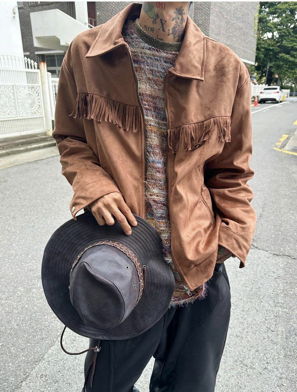 淨色反領流蘇拉鍊猄面外套 Crunky_youth-066JK