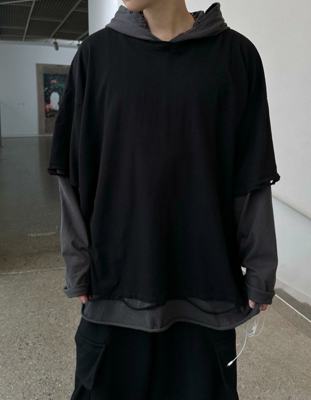 Oversize拼色假兩件連帽長袖衫 GLAMOUR-037T