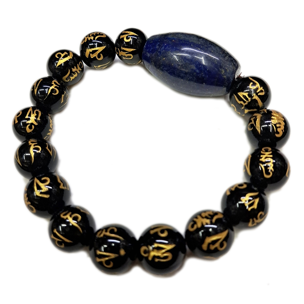 青金石+六字真言黑玉髓手珠12mm【十方】141014