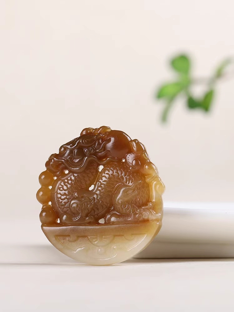 和田玉糖白玉生肖龍掛件吊墜,天然和田玉軟玉