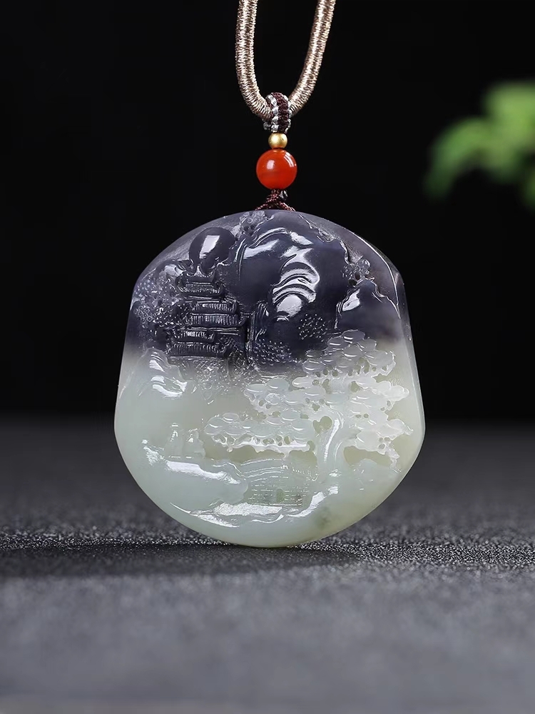 和田玉青白玉煙紫鏤空山水掛件吊墜,天然和田玉軟玉