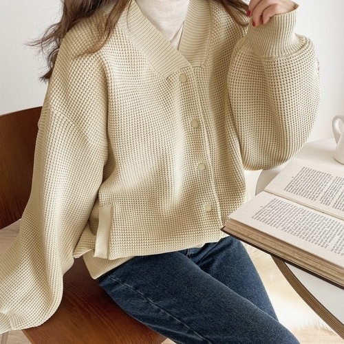 日本JaVa 針織外套 華夫格 秋冬服飾 鈕扣 泡泡袖