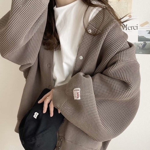 日本JaVa 針織外套 華夫格 秋冬服飾 鈕扣 泡泡袖