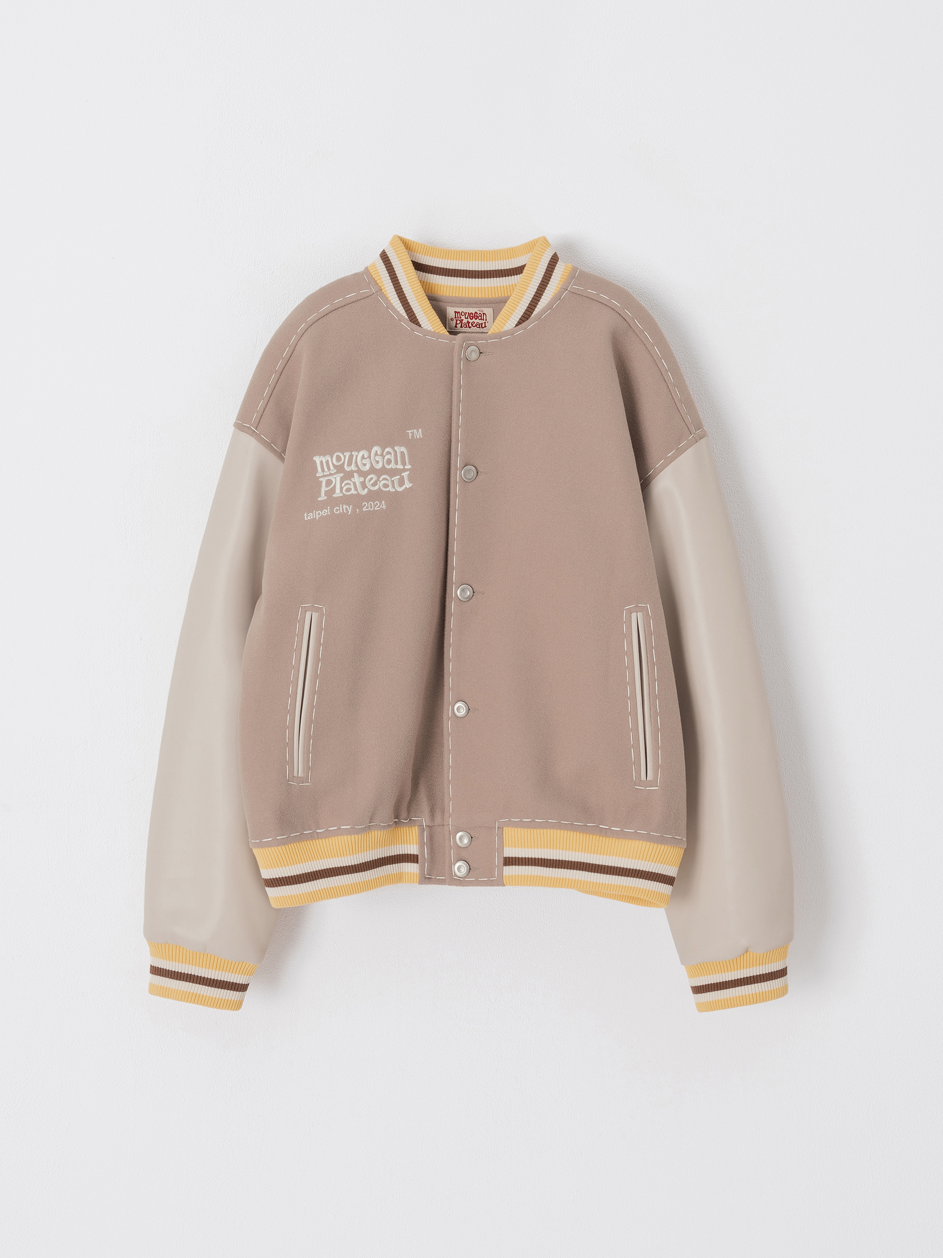 PLATEAU STUDIO x mouggan / varsity jacket  拼接刺繡棒球外套 - 燕麥奶Oat
