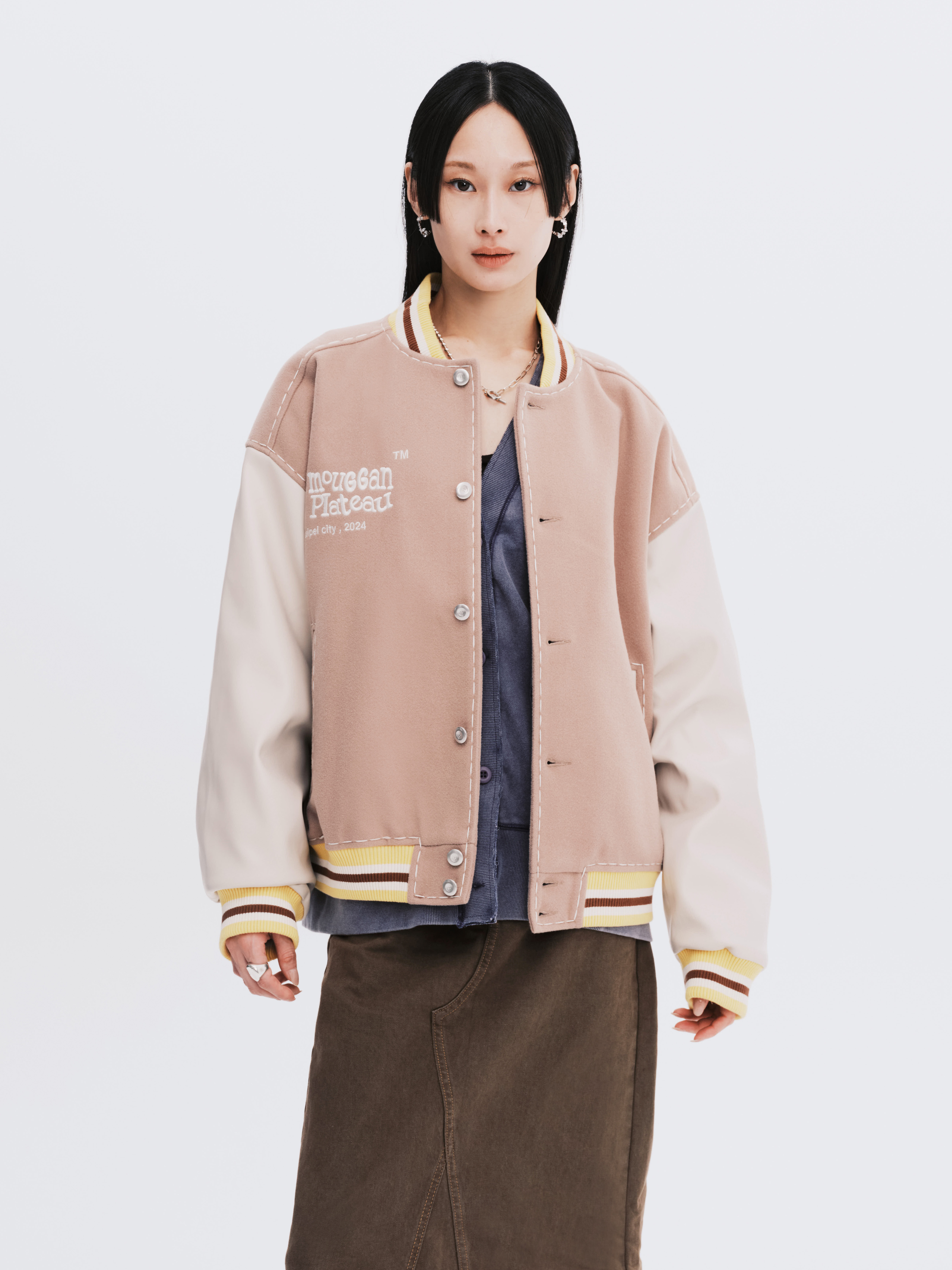 PLATEAU STUDIO x mouggan / varsity jacket  拼接刺繡棒球外套 - 燕麥奶Oat