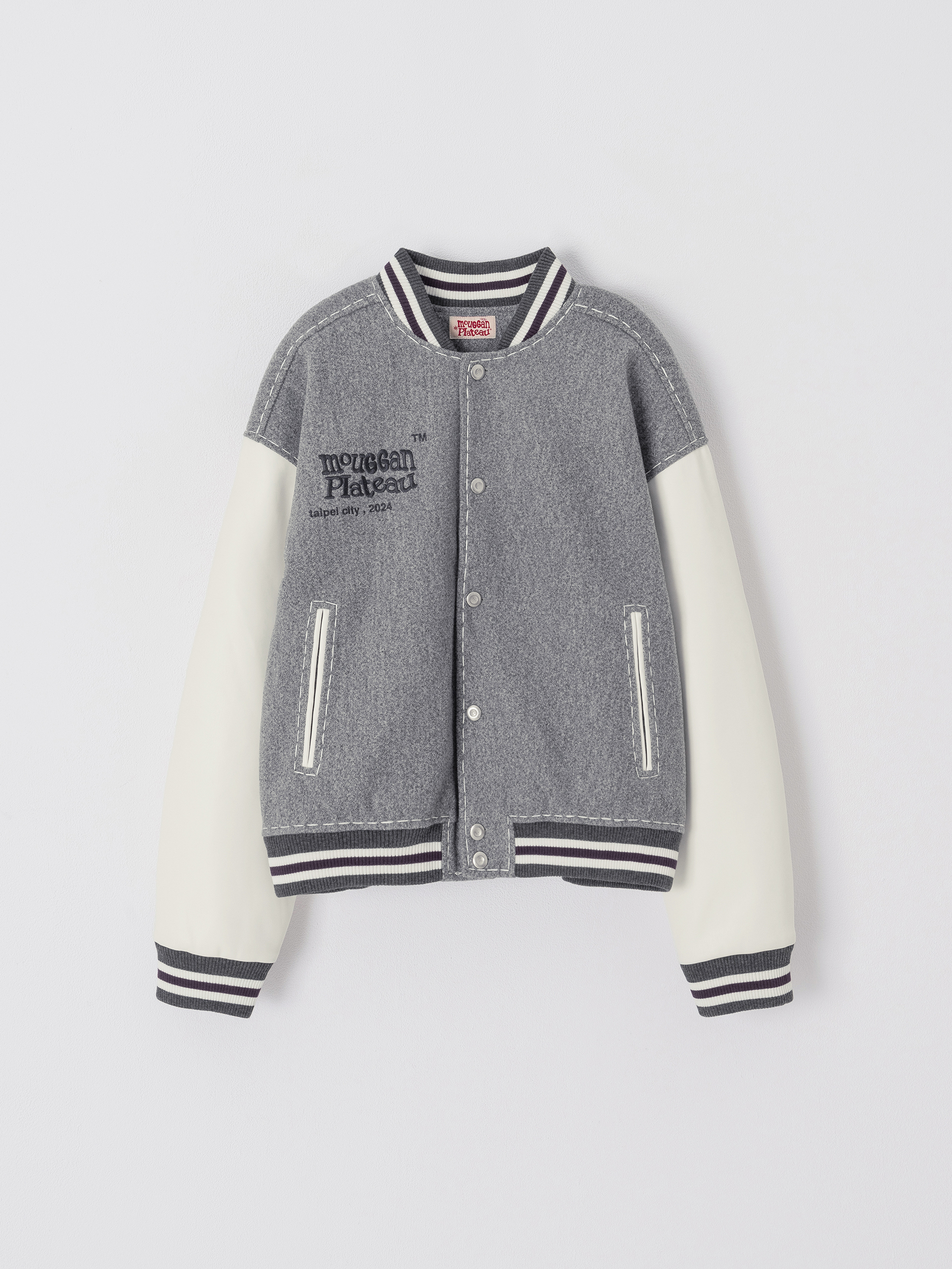 PLATEAU STUDIO x mouggan / varsity jacket 拼接刺繡棒球外套 - 花灰Light grey