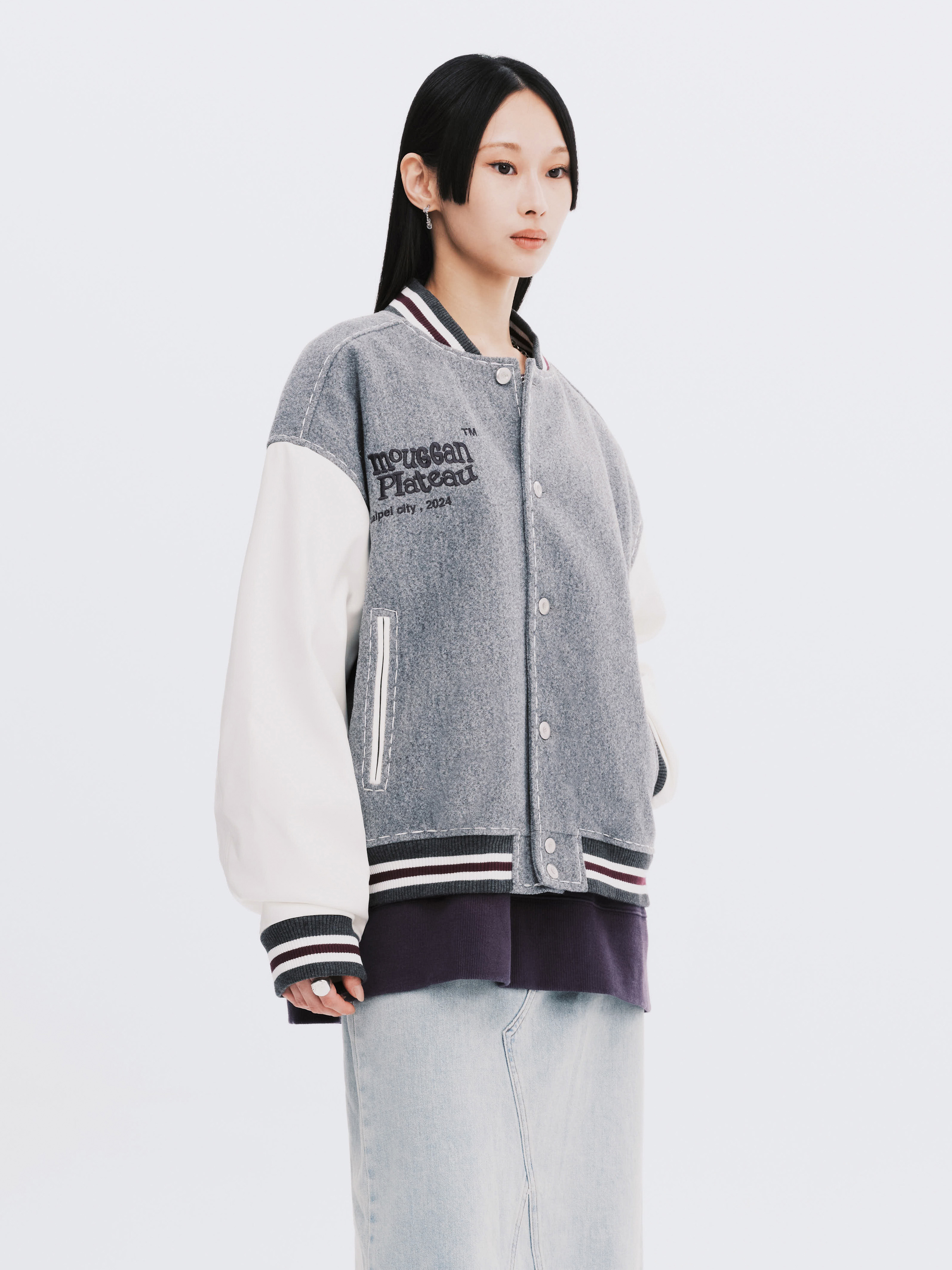 PLATEAU STUDIO x mouggan / varsity jacket 拼接刺繡棒球外套 - 花灰Light grey