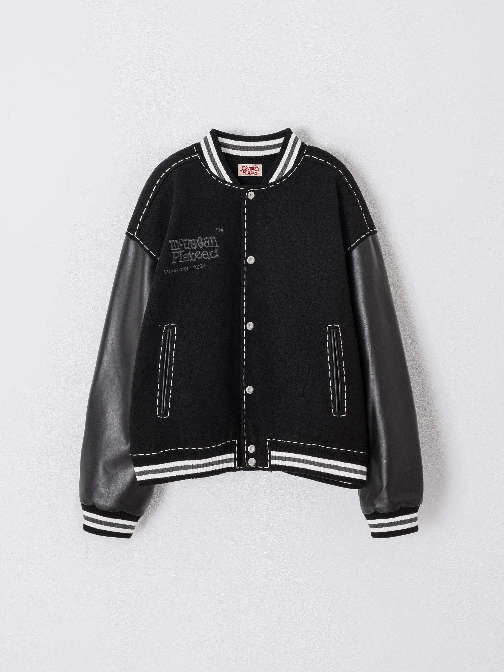 PLATEAU STUDIO x mouggan / varsity jacket  拼接刺繡棒球外套 - 黑Black