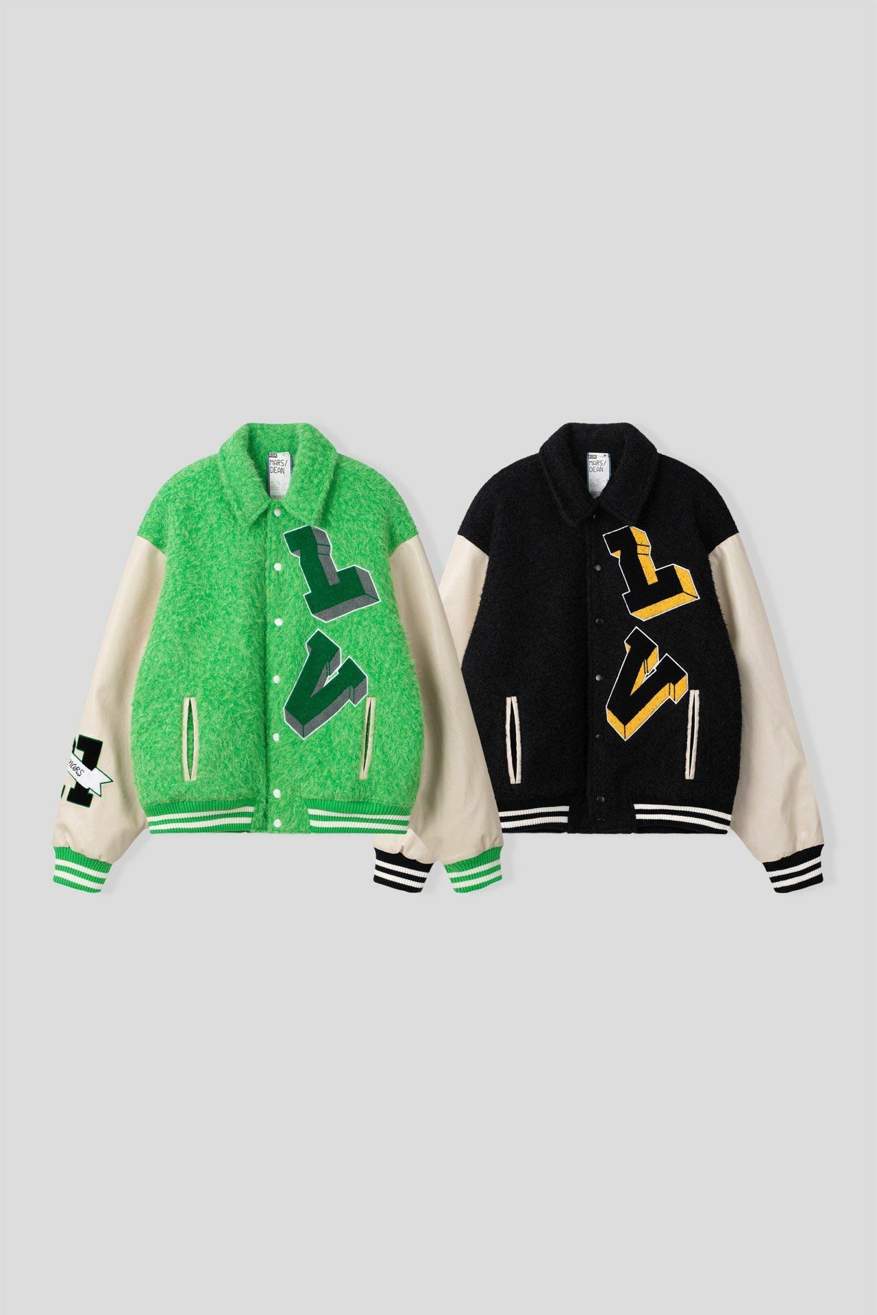 拼皮袖英文字棒球褸 DEAN-035JK