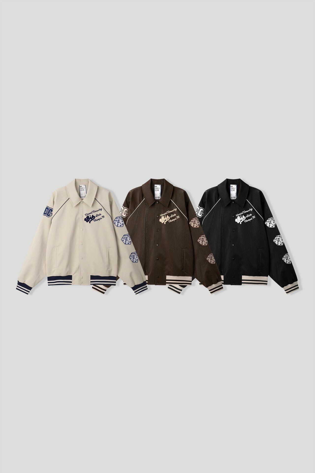 反領英文字合成皮棒球褸 DEAN-038JK