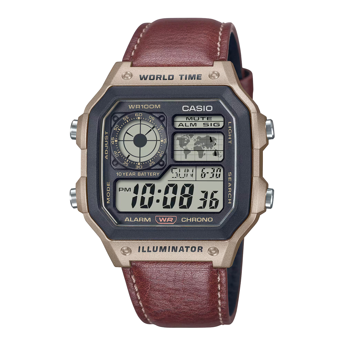 Casio 復古跳字錶 銅色 皮帶 世界地圖 世界時間 AE-1200WHL-5A