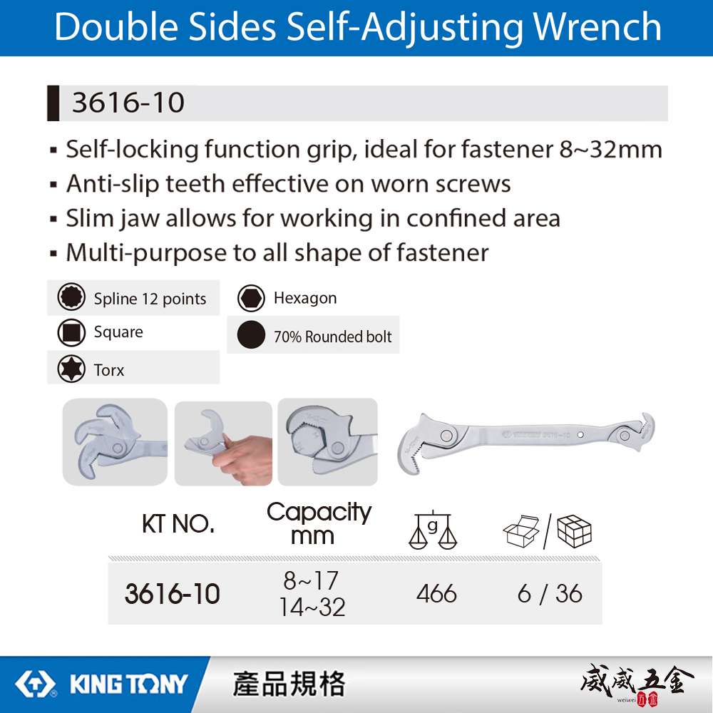KING TONY 金統立｜3616-10｜鎖緊8~32mm螺絲 自動固定握把 雙頭萬能鉤扳手 防滑齒勾板手