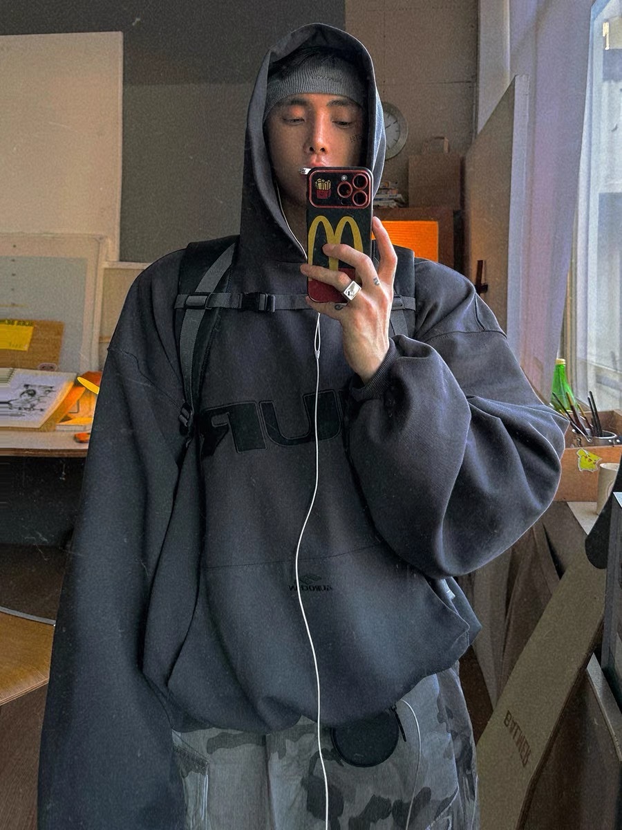 Aurocean 雙層復古貼布繡短寬深灰連帽衛衣