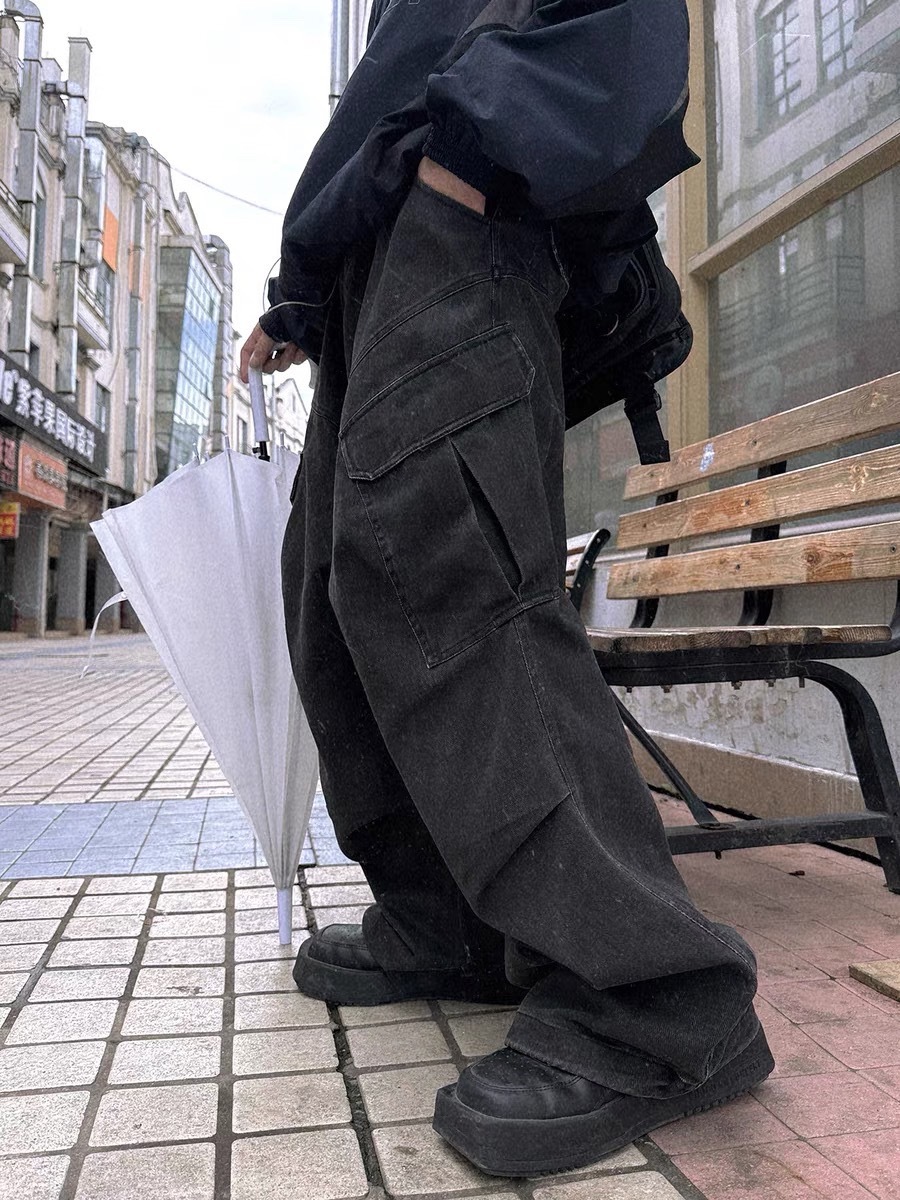 Aurocean 370克重磅純棉水洗做舊黑色工裝褲