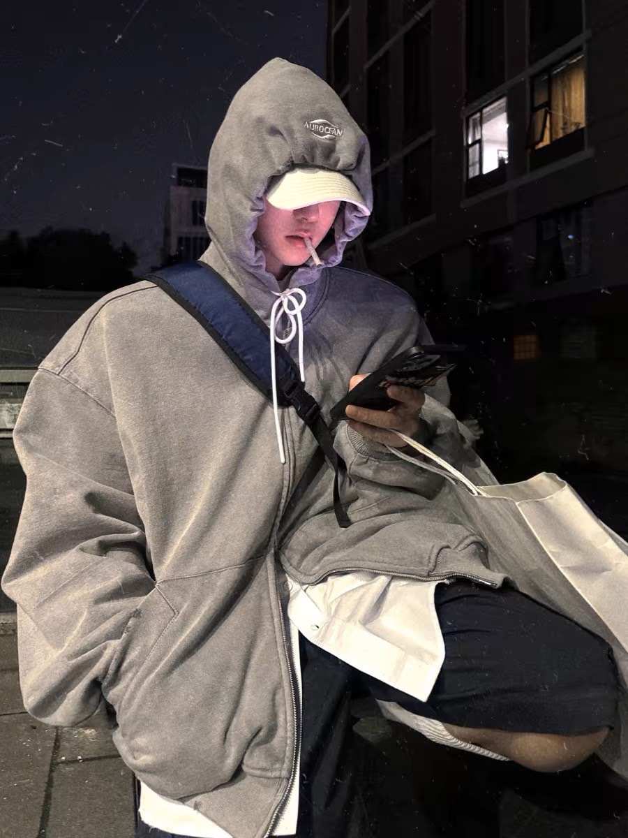 Aurocean 做舊淺灰450克重磅連帽衛衣