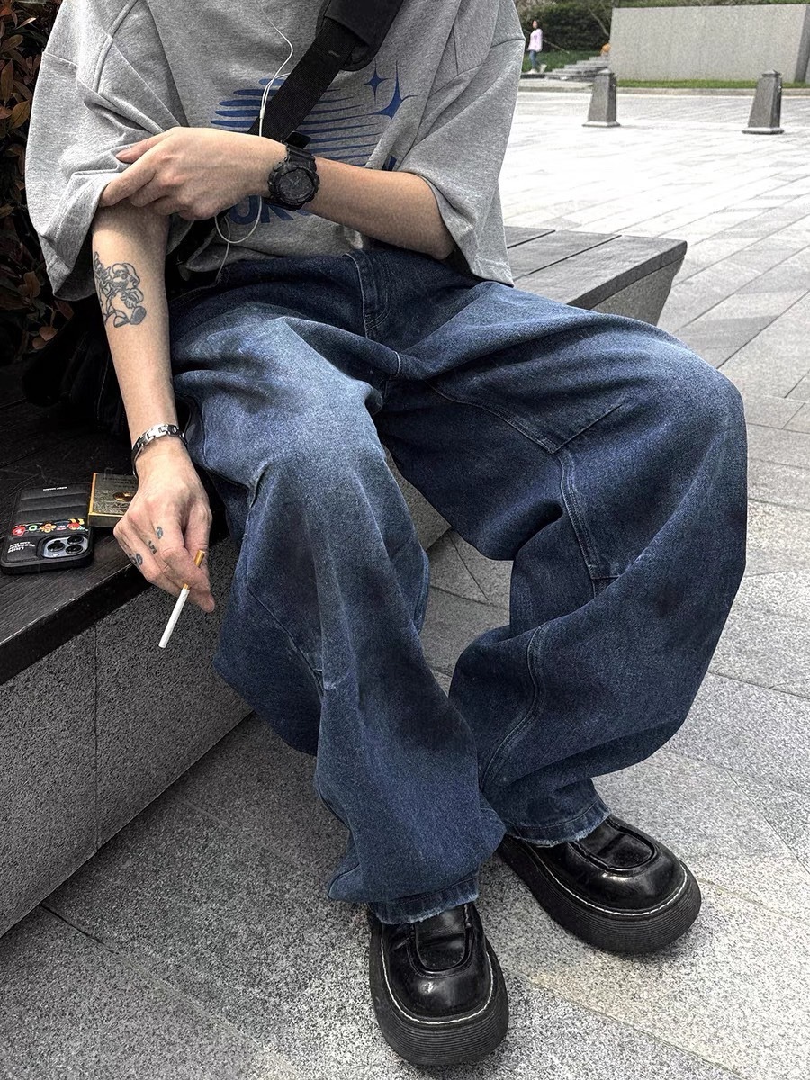 Aurocean 水洗深藍做舊磨損寬鬆牛仔褲