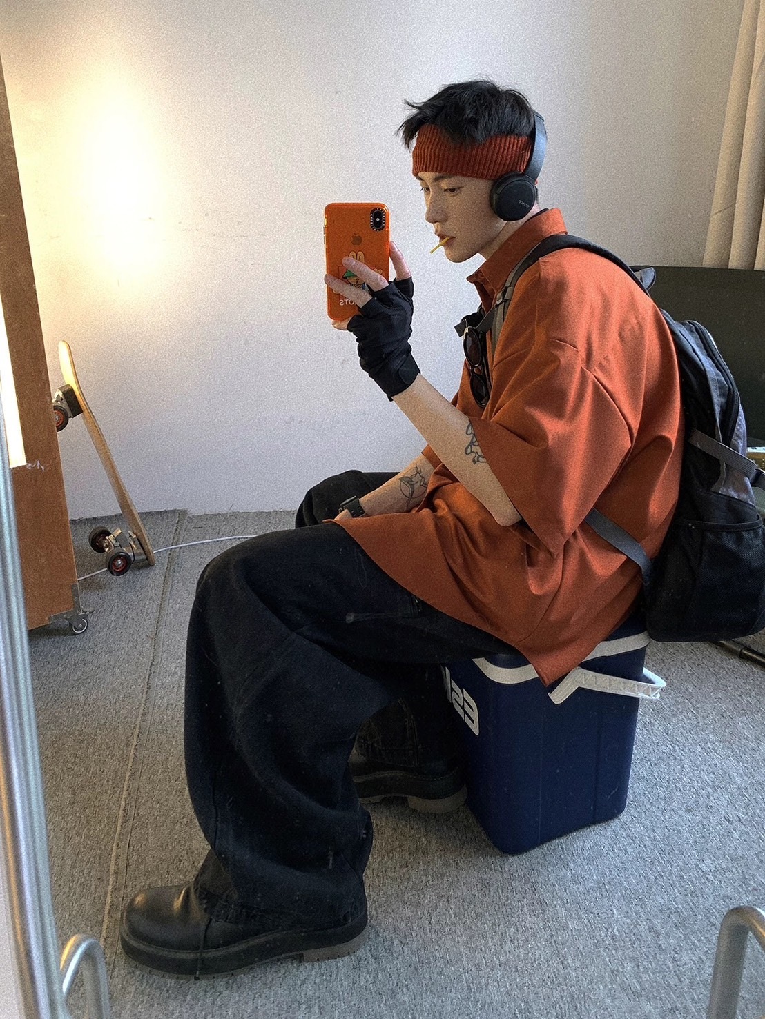 Aurocean 黑色水洗復古做舊寬鬆牛仔褲