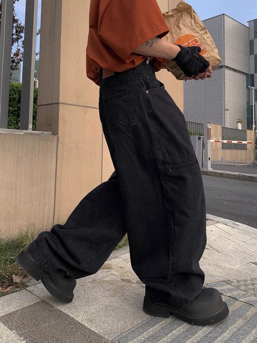 Aurocean 黑色水洗復古做舊寬鬆牛仔褲