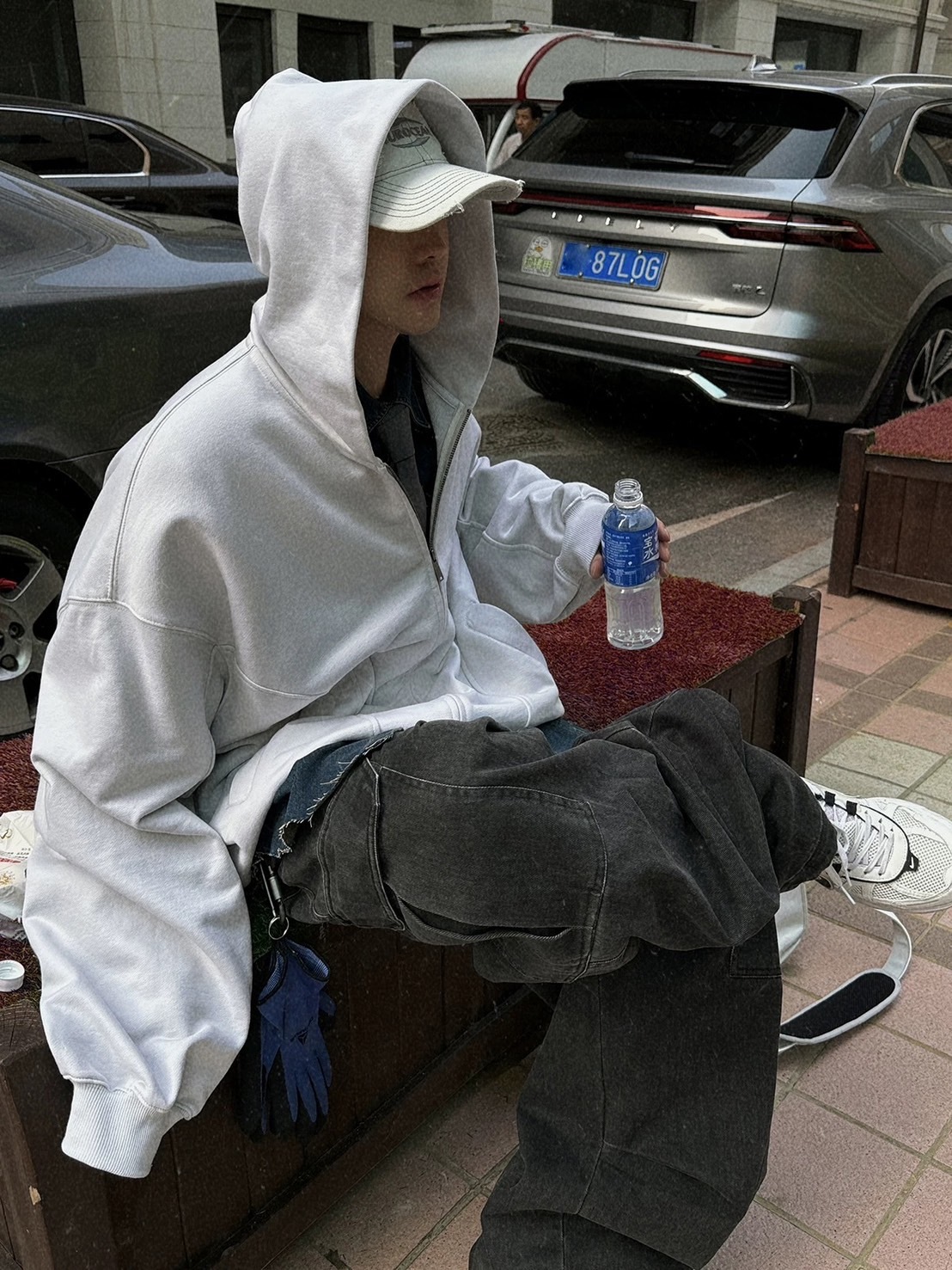 Aurocean 灰白420克重磅拼接連帽外套