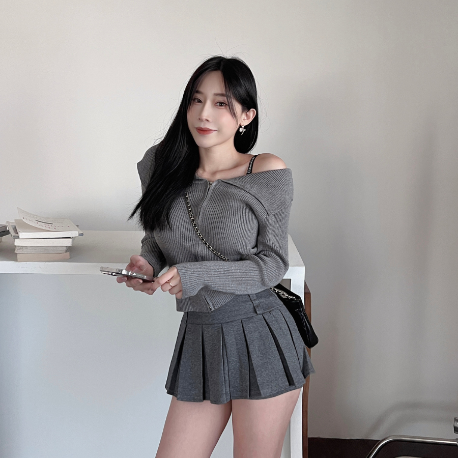 【版型超絕】DOMISS顯瘦翻領雙拉鏈毛衣 針織上衣-2色 露肩毛衣(現+預)