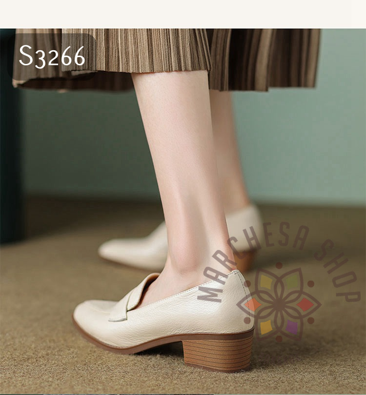 S3266 - 羊皮純色一字帶尖頭高踭休閒鞋