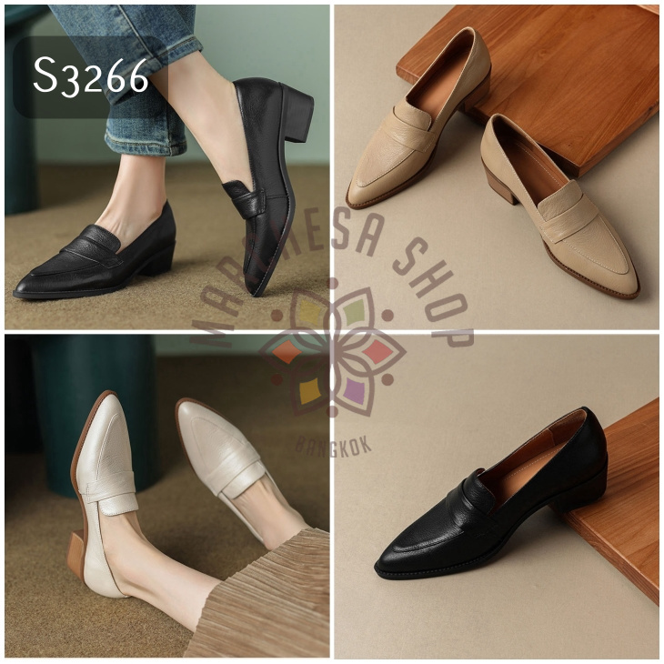 S3266 - 羊皮純色一字帶尖頭高踭休閒鞋