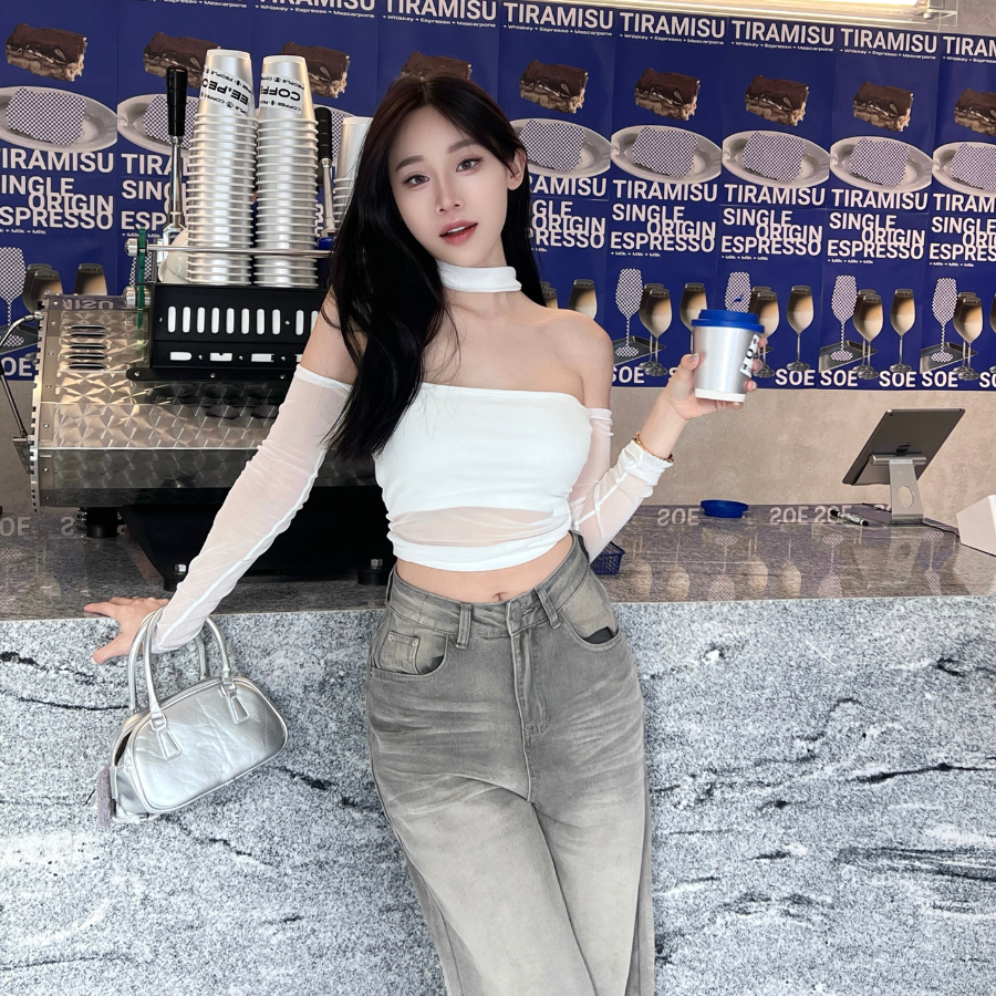 【DOMISS自訂】網紗拼接掛脖上衣-帶胸墊(現+預)