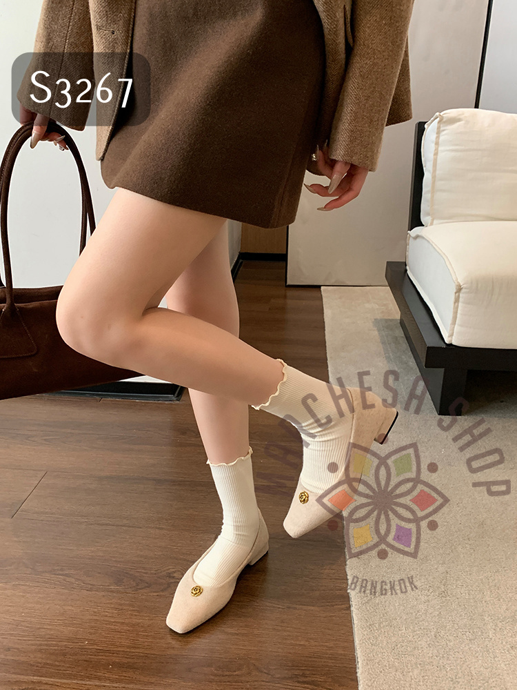 S3267 - 羊皮毛毛山茶花方頭低踭鞋
