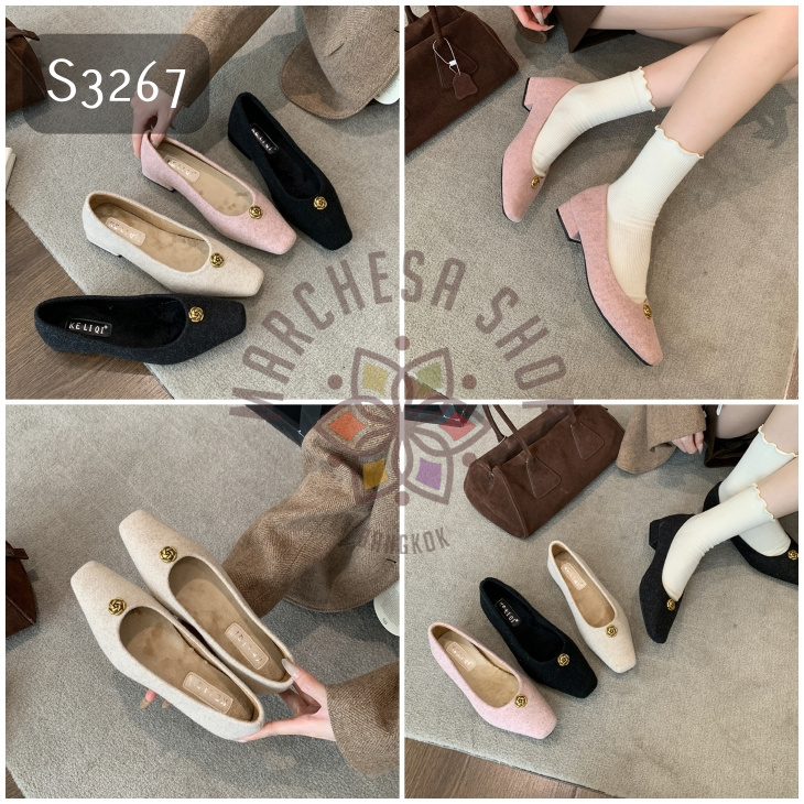 S3267 - 羊皮毛毛山茶花方頭低踭鞋