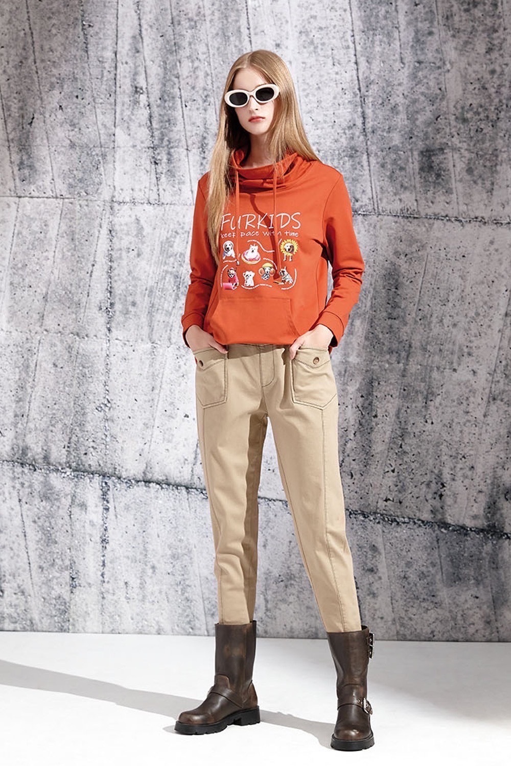 韓版純色棉車線配色修身剪裁雙貼口袋造型休閒長褲V6151