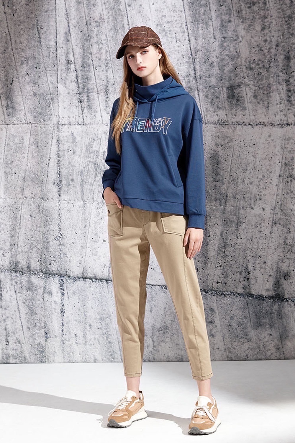 韓版純色棉車線配色修身剪裁雙貼口袋造型休閒長褲V6151