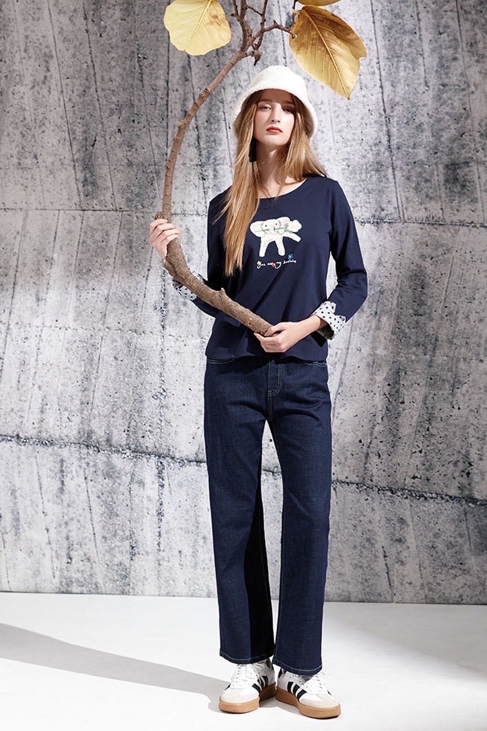 韓版純色棉車線配色修身剪裁顯瘦直筒牛仔寬褲V6191