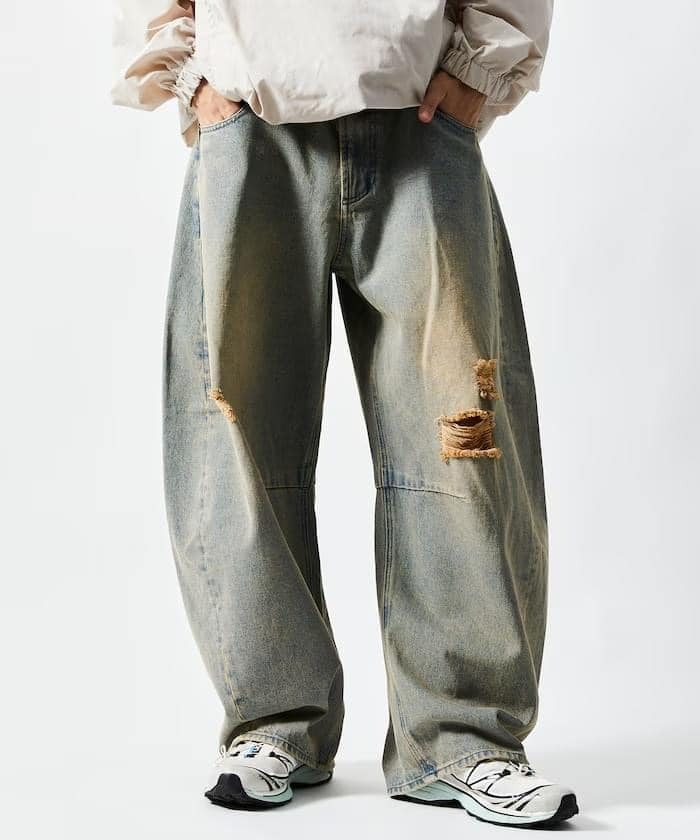 Freak's store 仿舊刷破桶錐型牛仔褲 日系選品