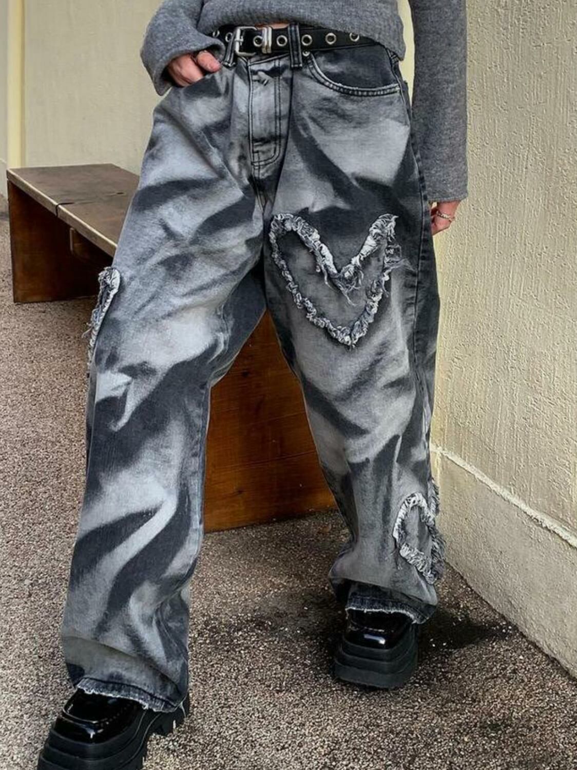 紮染心心鬆身牛仔褲 UNUSED-023P