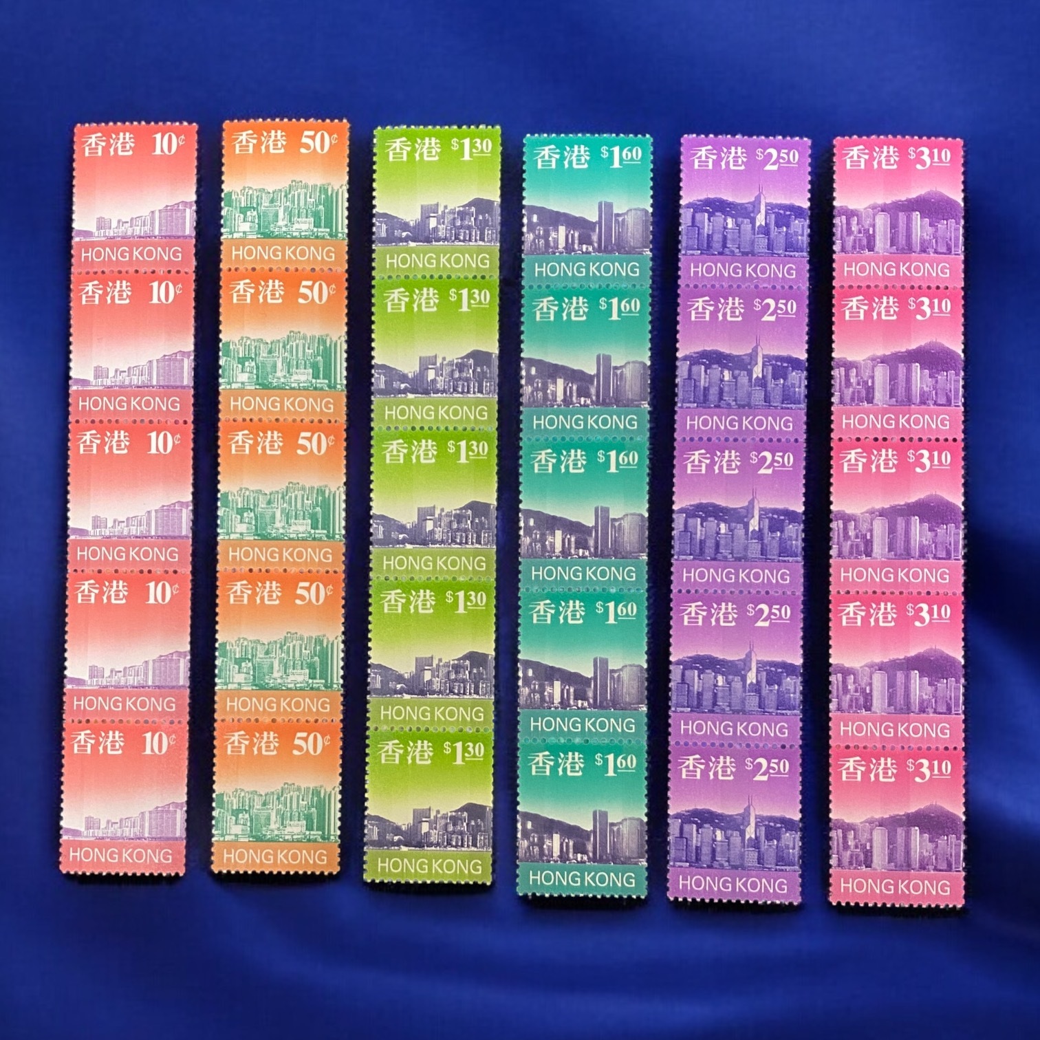 1997年香港通用郵票六款 (卷桶票) 五套 (背面同號碼)