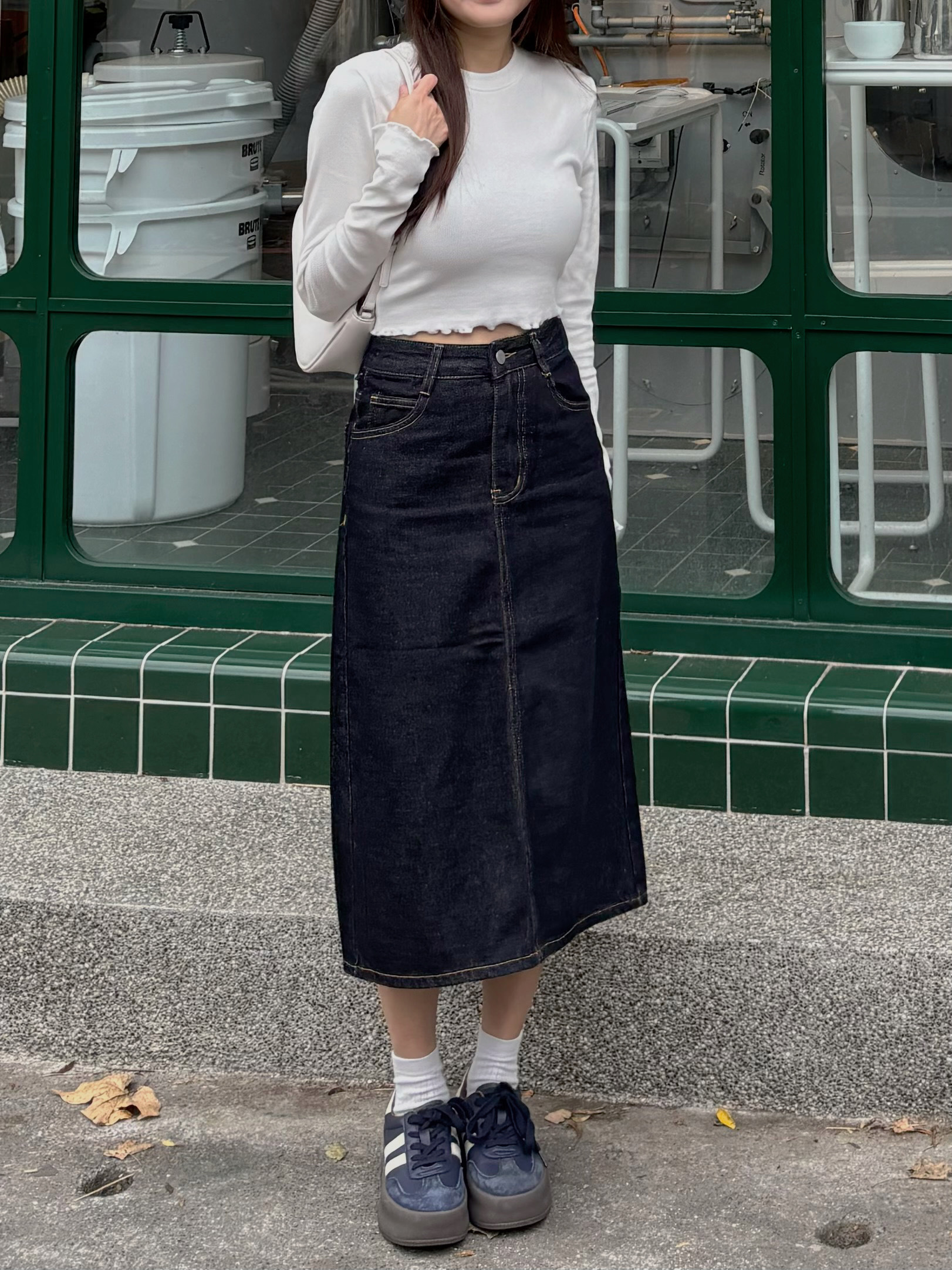 小個子高腰開衩深藍牛仔中長裙(XXS-L)