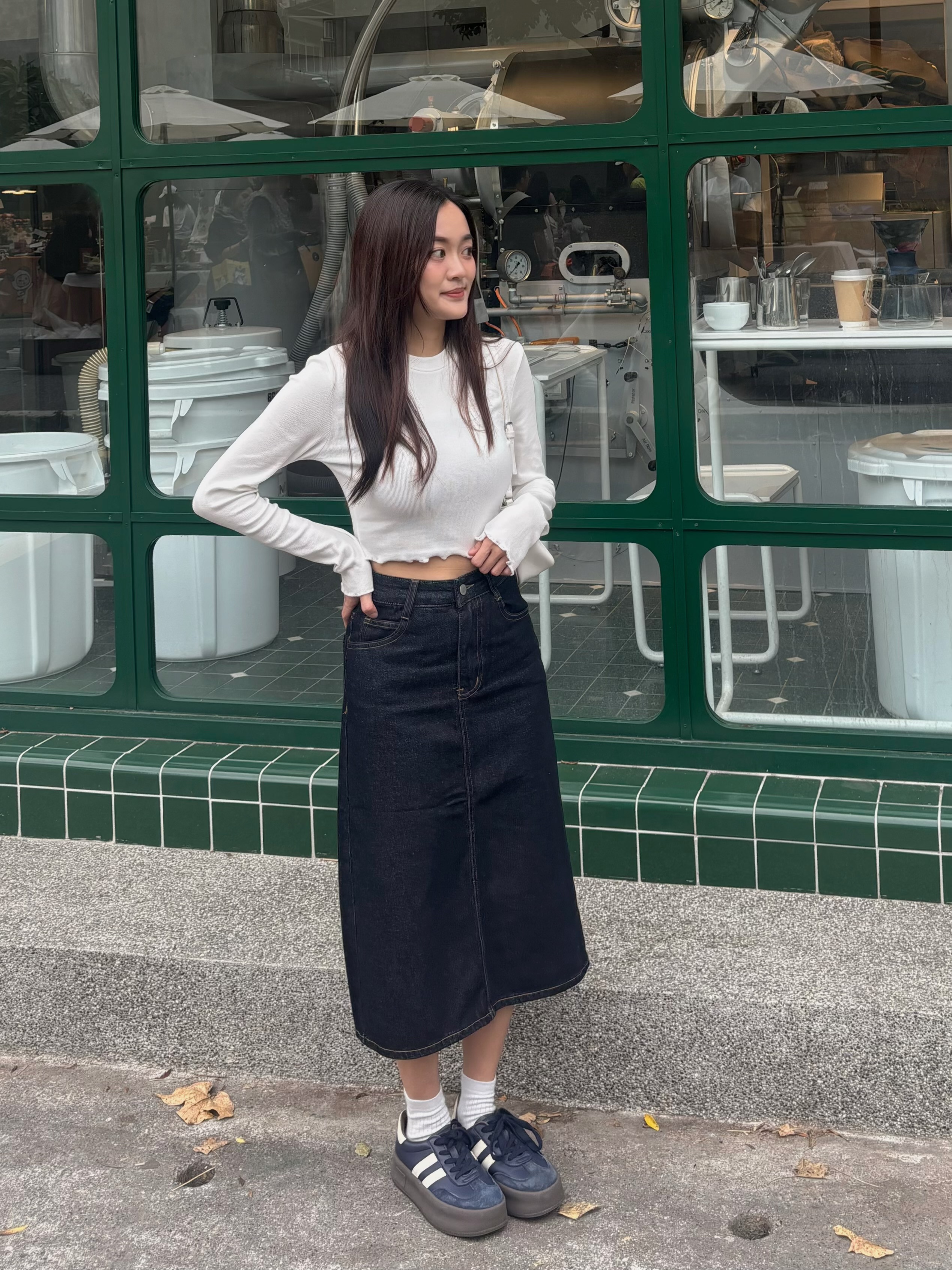 小個子高腰開衩深藍牛仔中長裙(XXS-L)