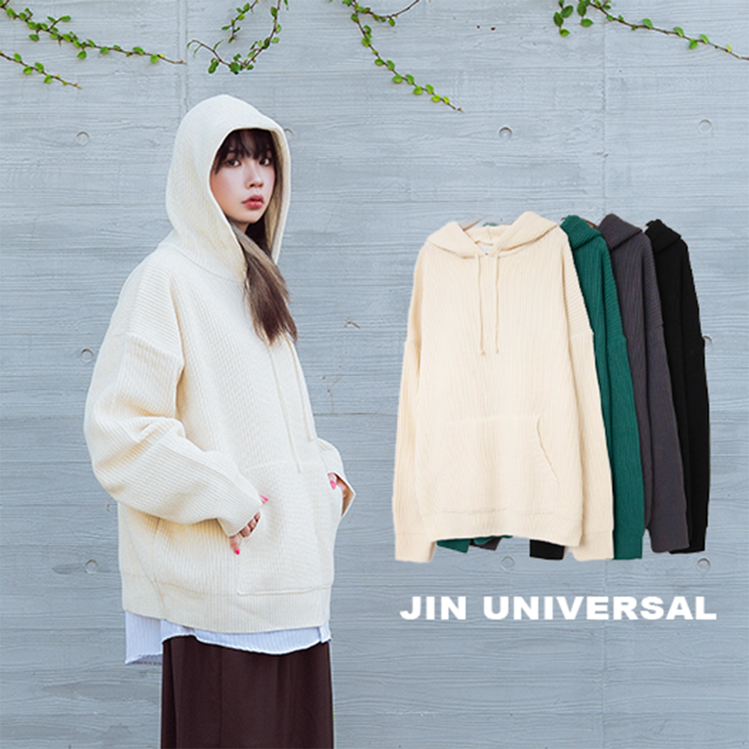 JIN UNIVERSAL🇰🇷 華夫格 粗針織 帽T 連帽上衣 長袖 落肩