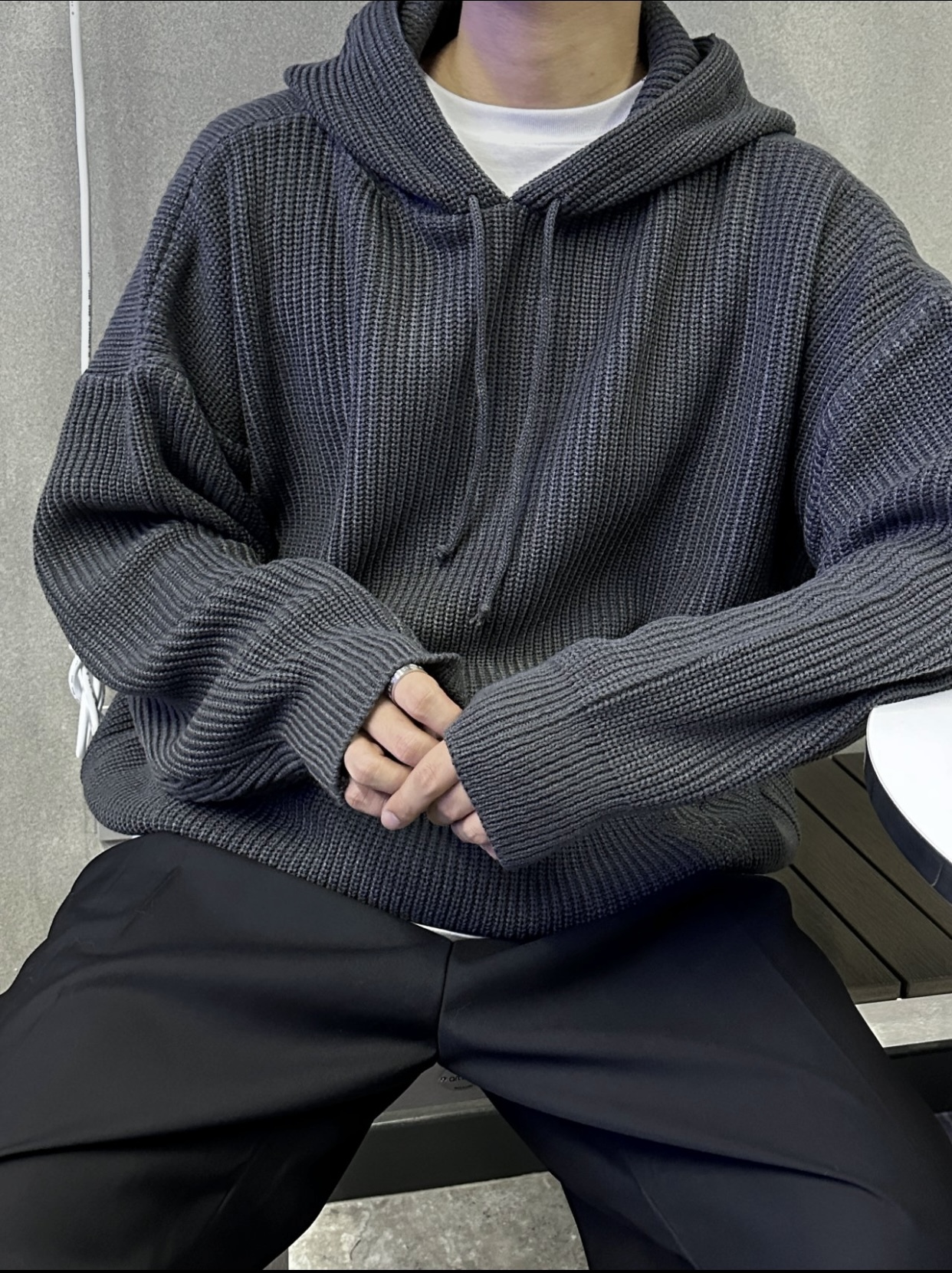 JIN UNIVERSAL🇰🇷 華夫格 粗針織 帽T 連帽上衣 長袖 落肩